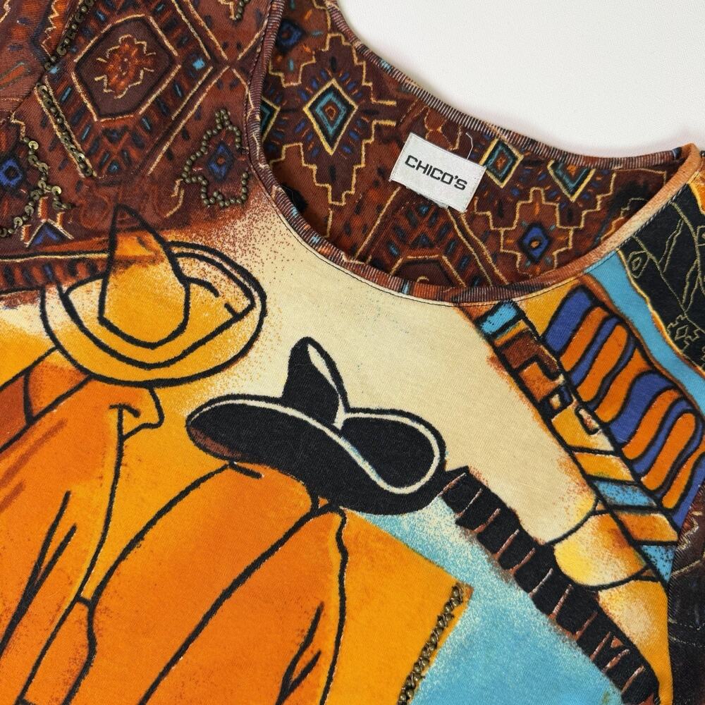 Chicos 90s Southwest Patchwork Beaded Sequin Baby Tee Womens S Desert Boho Shirt
